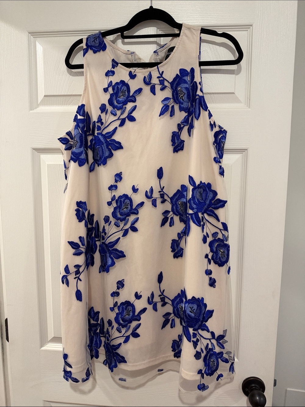 Beige by eci Cream Mini Dress with Royal Blue Floral Embroidery